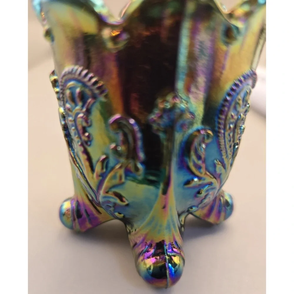 VTG  Toothpick Holder Joe St. Claire Fan Feathers Iridescent Gold, Scalloped Top